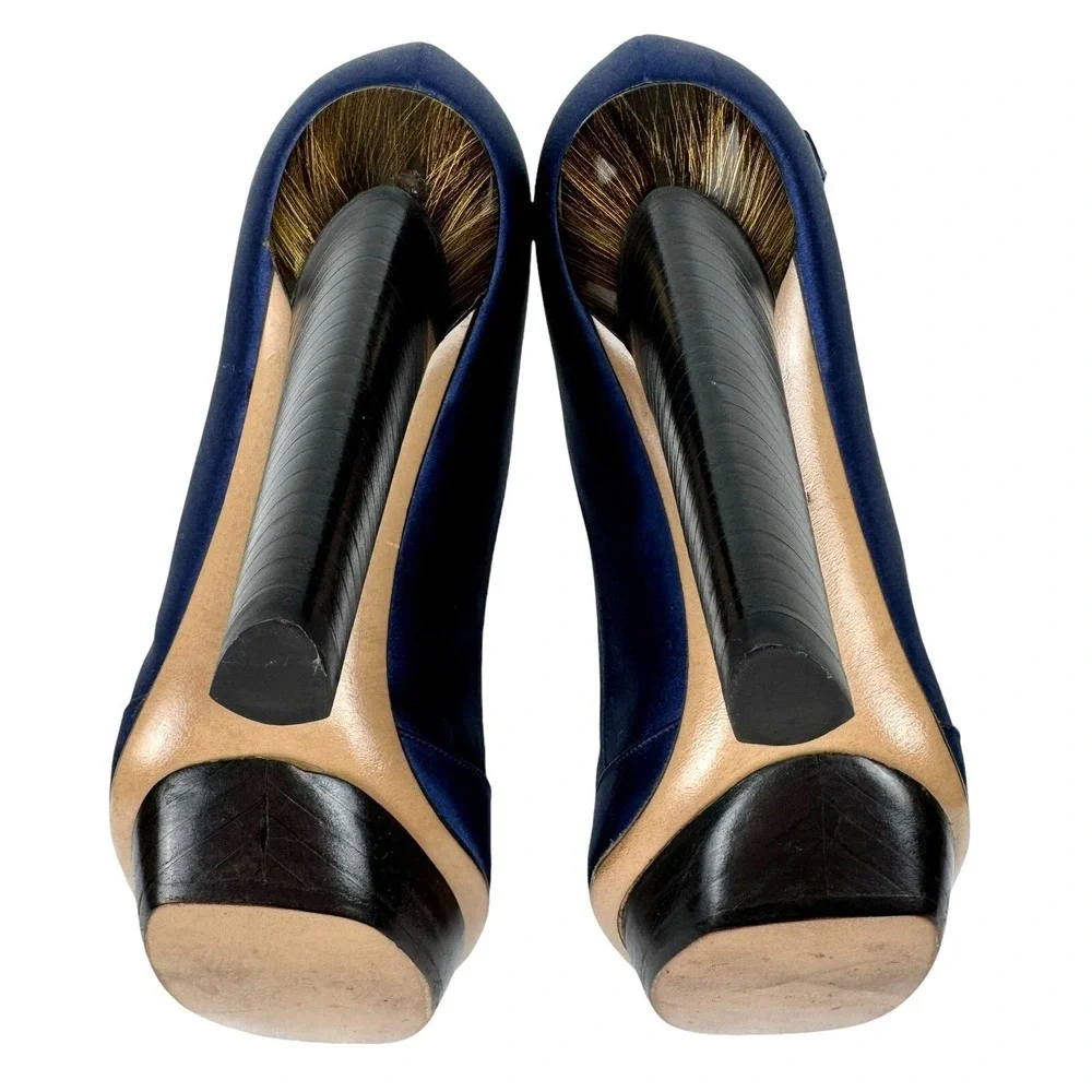 Nicholas Kirkwood High Heels EU 38 US 7.5 Navy Satin‎ Round Toe Italy Maryjane